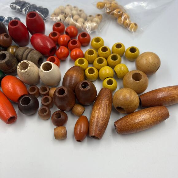 Large Vintage Lot Wooden Macrame Beads 1970's Green Orange Brown Cream - Picture 6 of 8